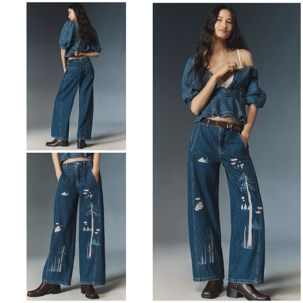 NWT Anthropologie Pilcro The Lex Embroidered Trees Forest High-Rise Taper Jeans